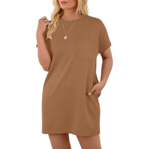 imageGRECERELLE Womens 2025 Casual Summer Shirt Dress Loose Round Neck Mini WrinkleFree Sundress with PocketCamel
