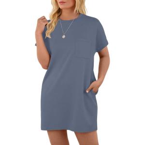imageGRECERELLE Womens 2025 Casual Summer Shirt Dress Loose Round Neck Mini WrinkleFree Sundress with PocketDenim Blue