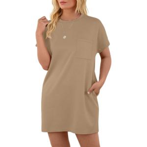 imageGRECERELLE Womens 2025 Casual Summer Shirt Dress Loose Round Neck Mini WrinkleFree Sundress with PocketKhaki