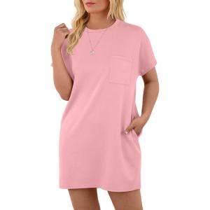 imageGRECERELLE Womens 2025 Casual Summer Shirt Dress Loose Round Neck Mini WrinkleFree Sundress with PocketPink