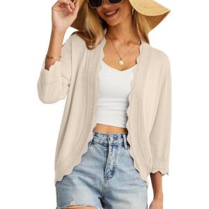 imageGRECERELLE Womens 34 Sleeve Summer Cardigan Lightweight Casual OpenFront Cropped Shrug Sweaters for Women02 Solidapricot