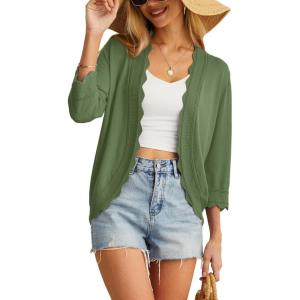 imageGRECERELLE Womens 34 Sleeve Summer Cardigan Lightweight Casual OpenFront Cropped Shrug Sweaters for WomenArmy Green