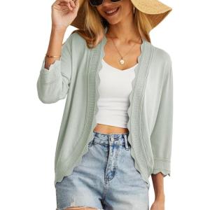 imageGRECERELLE Womens 34 Sleeve Summer Cardigan Lightweight Casual OpenFront Cropped Shrug Sweaters for WomenBean Green