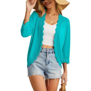 imageGRECERELLE Womens 34 Sleeve Summer Cardigan Lightweight Casual OpenFront Cropped Shrug Sweaters for WomenCyan