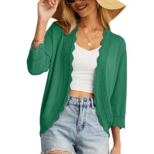 imageGRECERELLE Womens 34 Sleeve Summer Cardigan Lightweight Casual OpenFront Cropped Shrug Sweaters for WomenDark Green
