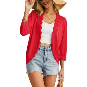 imageGRECERELLE Womens 34 Sleeve Summer Cardigan Lightweight Casual OpenFront Cropped Shrug Sweaters for WomenRed