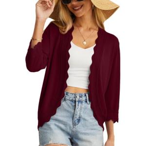 imageGRECERELLE Womens 34 Sleeve Summer Cardigan Lightweight Casual OpenFront Cropped Shrug Sweaters for WomenSolidwine Red