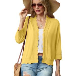 imageGRECERELLE Womens 34 Sleeve Summer Lightweight Knit Cropped Shrugs Cardigan SweaterCheese Yellow