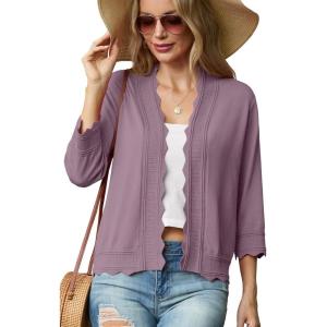 imageGRECERELLE Womens 34 Sleeve Summer Lightweight Knit Cropped Shrugs Cardigan SweaterPurple Gray