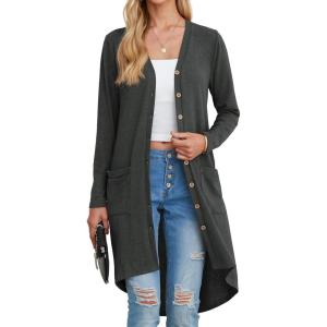 imageGRECERELLE Womens Cardigans Lightweight 2025 Long Sleeve Button Down Duster Casual Long Cardigan Outerwear with PocketsDark Gray