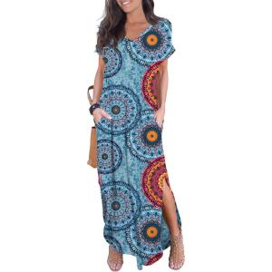 imageGRECERELLE Womens Casual Loose Pocket Long Dress Short Sleeve Split Maxi Dresses11 Flower Mix Blue