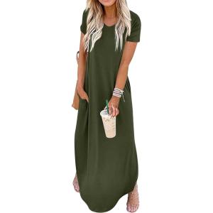 imageGRECERELLE Womens Casual Loose Pocket Long Dress Short Sleeve Split Maxi DressesArmy Green