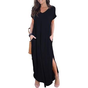 imageGRECERELLE Womens Casual Loose Pocket Long Dress Short Sleeve Split Maxi DressesBlack