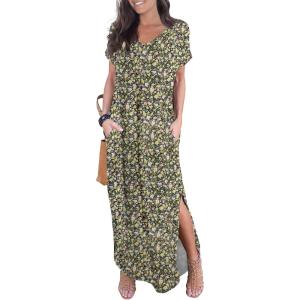 imageGRECERELLE Womens Casual Loose Pocket Long Dress Short Sleeve Split Maxi DressesBlack Yellow