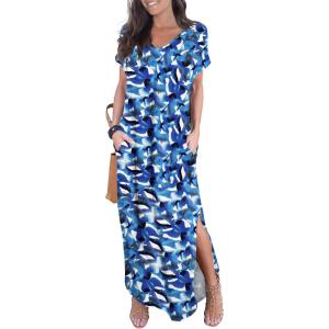 imageGRECERELLE Womens Casual Loose Pocket Long Dress Short Sleeve Split Maxi DressesBlue Ink White