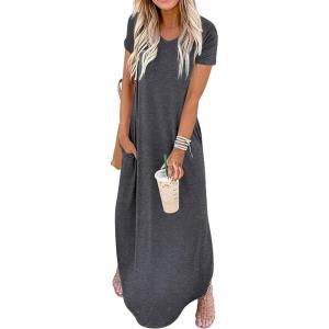imageGRECERELLE Womens Casual Loose Pocket Long Dress Short Sleeve Split Maxi DressesDark Gray