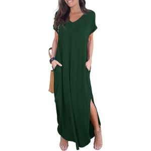 imageGRECERELLE Womens Casual Loose Pocket Long Dress Short Sleeve Split Maxi DressesDark Green
