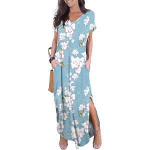 imageGRECERELLE Womens Casual Loose Pocket Long Dress Short Sleeve Split Maxi DressesFlower Light Blue