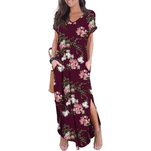 imageGRECERELLE Womens Casual Loose Pocket Long Dress Short Sleeve Split Maxi DressesFp Wine Red