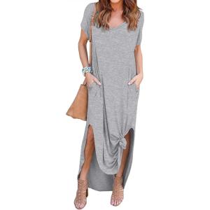 imageGRECERELLE Womens Casual Loose Pocket Long Dress Short Sleeve Split Maxi DressesGray