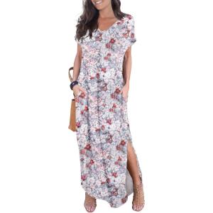 imageGRECERELLE Womens Casual Loose Pocket Long Dress Short Sleeve Split Maxi DressesGray Azalea