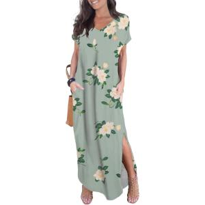 imageGRECERELLE Womens Casual Loose Pocket Long Dress Short Sleeve Split Maxi DressesGreen Camellia