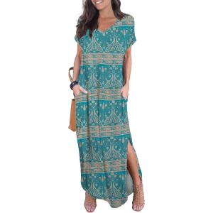 imageGRECERELLE Womens Casual Loose Pocket Long Dress Short Sleeve Split Maxi DressesGreen Khaki