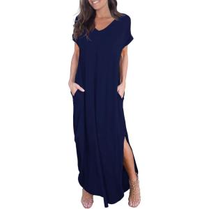 imageGRECERELLE Womens Casual Loose Pocket Long Dress Short Sleeve Split Maxi DressesNavy Blue
