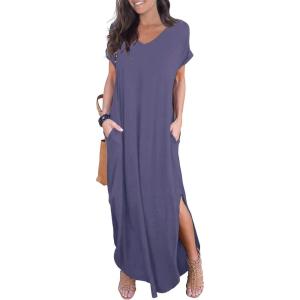 imageGRECERELLE Womens Casual Loose Pocket Long Dress Short Sleeve Split Maxi DressesPurple Gray
