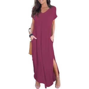 imageGRECERELLE Womens Casual Loose Pocket Long Dress Short Sleeve Split Maxi DressesRed Gray