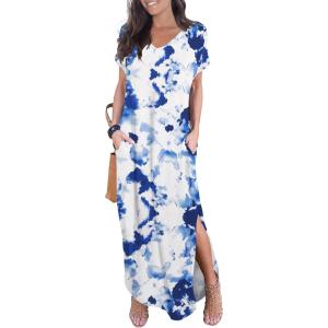 imageGRECERELLE Womens Casual Loose Pocket Long Dress Short Sleeve Split Maxi DressesWhite Ink Blue