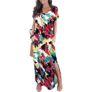 imageGRECERELLE Womens Casual Loose Pocket Long Dress Short Sleeve Split Maxi DressesWhite Ink Red