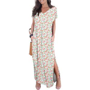 imageGRECERELLE Womens Casual Loose Pocket Long Dress Short Sleeve Split Maxi DressesWhite Pink Rose
