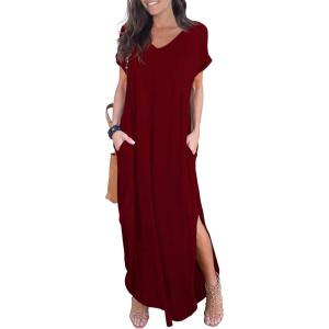 imageGRECERELLE Womens Casual Loose Pocket Long Dress Short Sleeve Split Maxi DressesWine Red