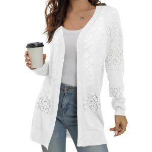 imageGRECERELLE Womens Lightweight Crochet Long Sleeve Loose Casual Open Front Cardigan Drape Sweaters Boho Summer Beach CoverupsAwhite