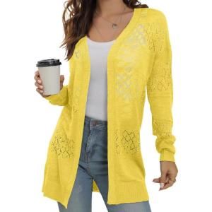 imageGRECERELLE Womens Lightweight Crochet Long Sleeve Loose Casual Open Front Cardigan Drape Sweaters Boho Summer Beach CoverupsLemon Yellow