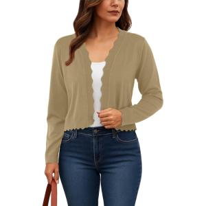 imageGRECERELLE Womens Long Sleeve Lightweight Open Front Cropped Cardigan Knit Sweaters Bolero Shrugs S2XLKhaki