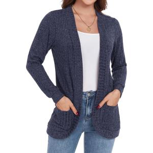 imageGRECERELLE Womens Long Sleeve Open Front Cardigan Casual VNeck Curved Hem Ribbed Knit Sweater Outerwear with PocketsNavy Blue