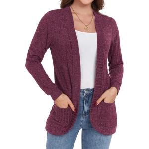 imageGRECERELLE Womens Long Sleeve Open Front Cardigan Casual VNeck Curved Hem Ribbed Knit Sweater Outerwear with PocketsRose Red