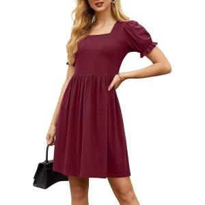 imageGRECERELLE Womens Summer Dresses Square Neck Ruffle Puff Sleeve ALine Casual Mini DressWine Red