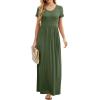 imageGRECERELLE Women Summer Crew Neck Casual Short Sleeve Solid Floral Print Long Maxi Dress with PocketsArmy Green