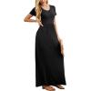 imageGRECERELLE Women Summer Crew Neck Casual Short Sleeve Solid Floral Print Long Maxi Dress with PocketsBlack