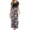 imageGRECERELLE Women Summer Crew Neck Casual Short Sleeve Solid Floral Print Long Maxi Dress with PocketsBlack Purple Bloom