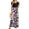 imageGRECERELLE Women Summer Crew Neck Casual Short Sleeve Solid Floral Print Long Maxi Dress with PocketsBlack Purple Bloom