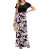 imageGRECERELLE Women Summer Crew Neck Casual Short Sleeve Solid Floral Print Long Maxi Dress with PocketsBlack Purple Bloom