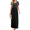 imageGRECERELLE Women Summer Crew Neck Casual Short Sleeve Solid Floral Print Long Maxi Dress with PocketsBlack Striped