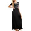 imageGRECERELLE Women Summer Crew Neck Casual Short Sleeve Solid Floral Print Long Maxi Dress with PocketsBlack Striped