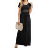 imageGRECERELLE Women Summer Crew Neck Casual Short Sleeve Solid Floral Print Long Maxi Dress with PocketsBlack Striped