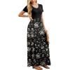 imageGRECERELLE Women Summer Crew Neck Casual Short Sleeve Solid Floral Print Long Maxi Dress with PocketsBlack White Flower