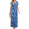 imageGRECERELLE Women Summer Crew Neck Casual Short Sleeve Solid Floral Print Long Maxi Dress with PocketsBlue Ink White